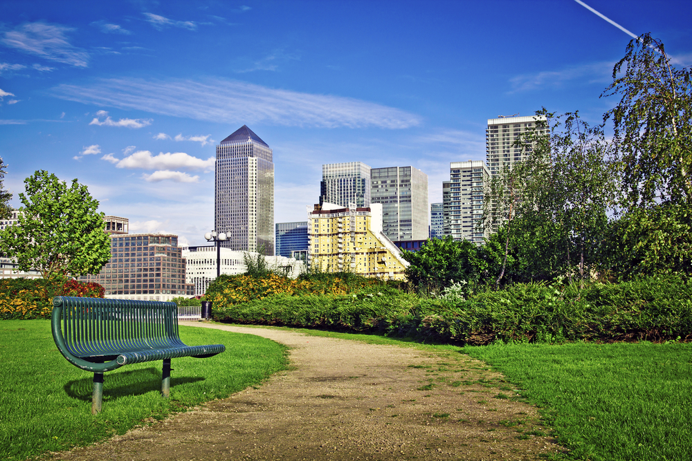 View Of London's Financial District Through Park